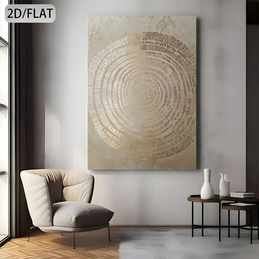 Abstract circular artwork on a wall in a modern living room.