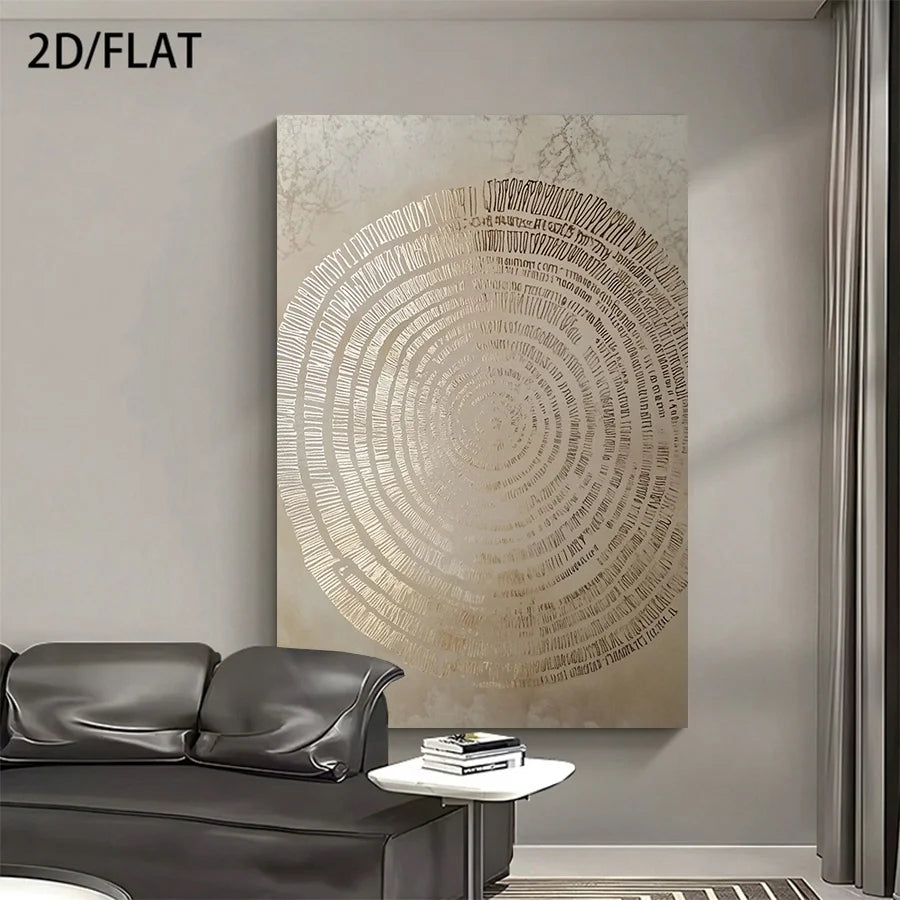 Abstract circular artwork on a wall above a sofa in a living room.