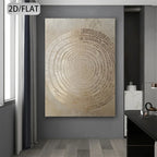 Abstract circular artwork on a gray wall in a modern interior setting.