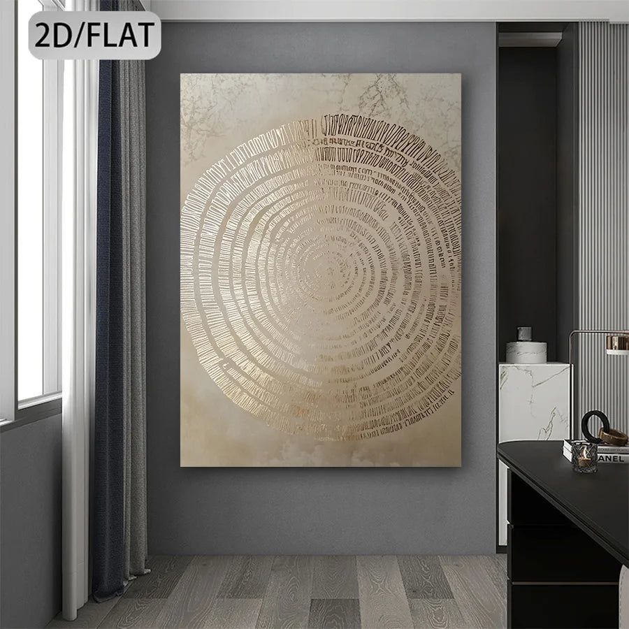 Abstract circular artwork on a gray wall in a modern interior setting.