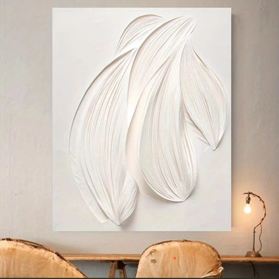 Abstract wall art with white leaf-like shapes on a light gray background, placed above a wooden shelf.