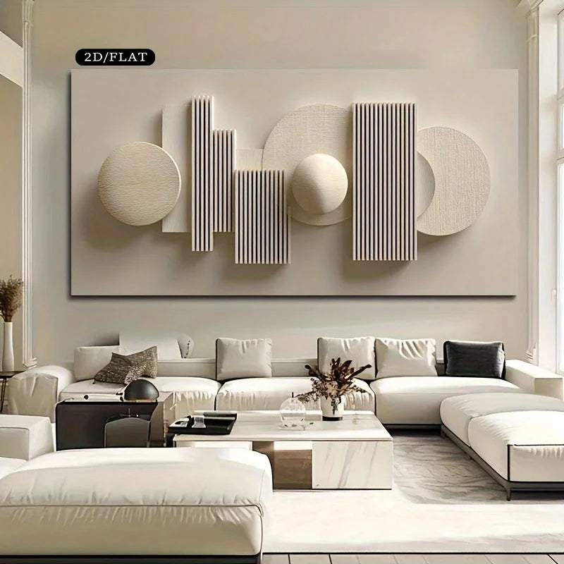 Modern living room with a large abstract wall art piece above a white sofa.