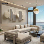 Modern living room with a beige sectional sofa, coffee table, and decorative wall art.
