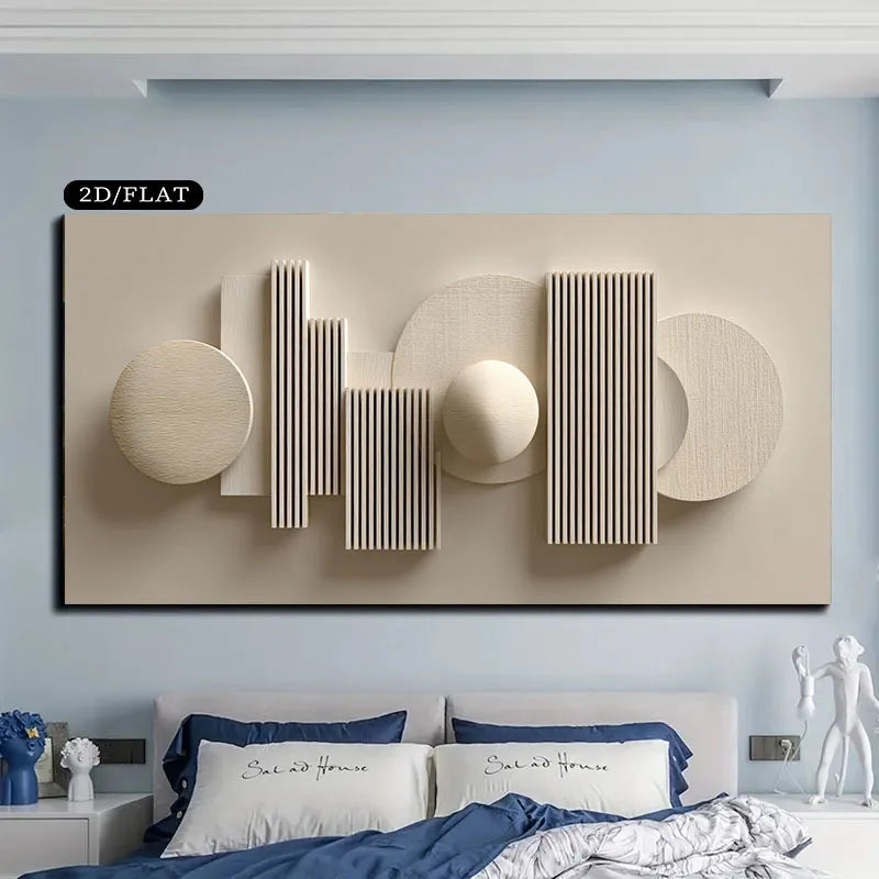 Abstract wall art piece on a light blue wall above a bed with blue and white bedding.