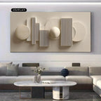 Modern living room with abstract wall art and a sofa.