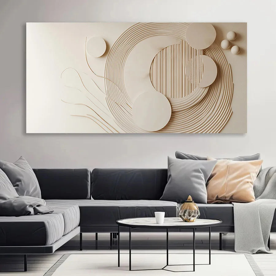 Modern living room with a large abstract wall art piece.