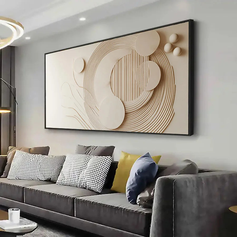 Modern living room with a large abstract wall art piece above a gray sofa.