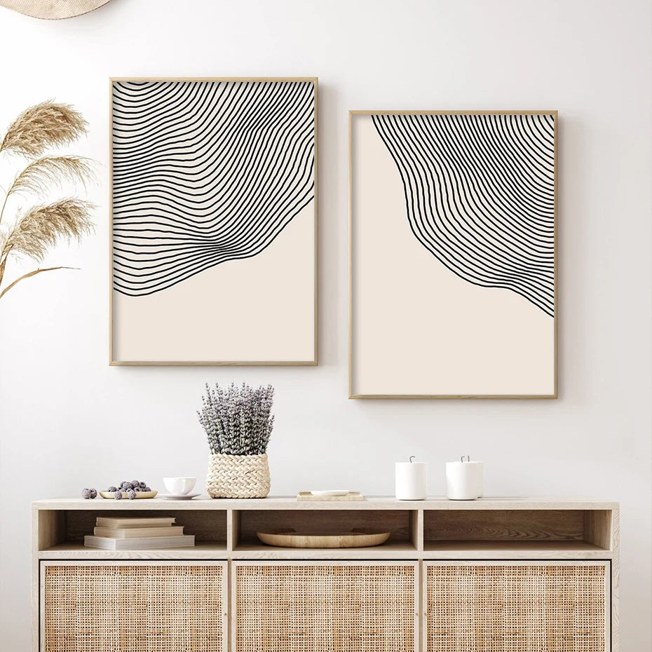 Minimalist Beige Black Contour Line Art Fine Art Canvas Prints Simple Pictures for Modern Apartment Living Room Bedroom Home Office Art Decor
