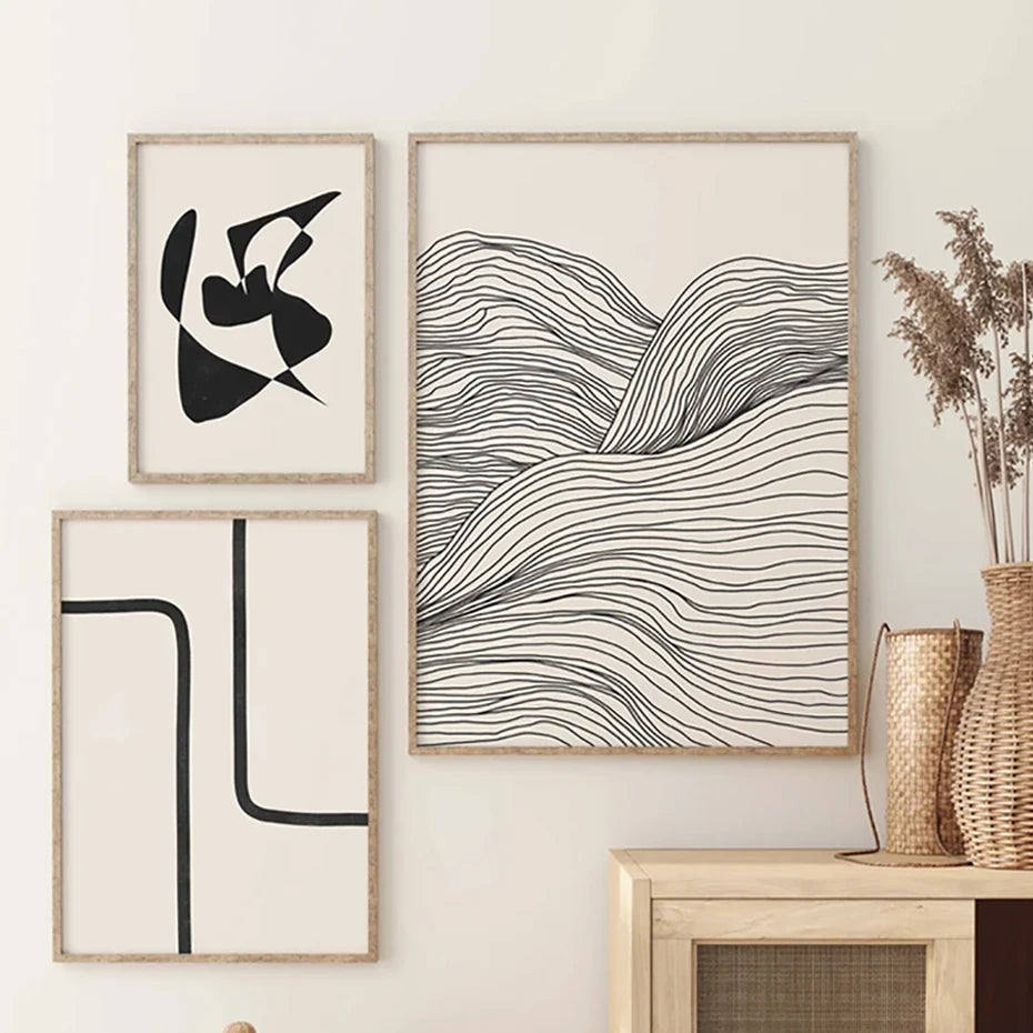 Minimalist Beige Black Shape Line Art Fine Art Canvas Prints Simple Pictures for Modern Apartment Living Room Bedroom Home Office Art Decor