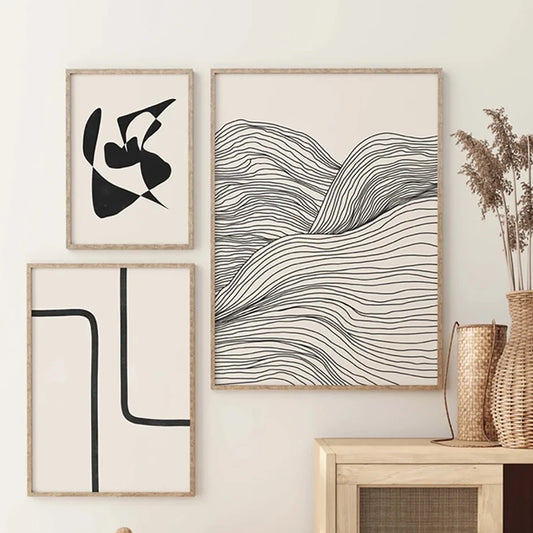 Minimalist Beige Black Shape Line Art Fine Art Canvas Prints Simple Pictures for Modern Apartment Living Room Bedroom Home Office Art Decor