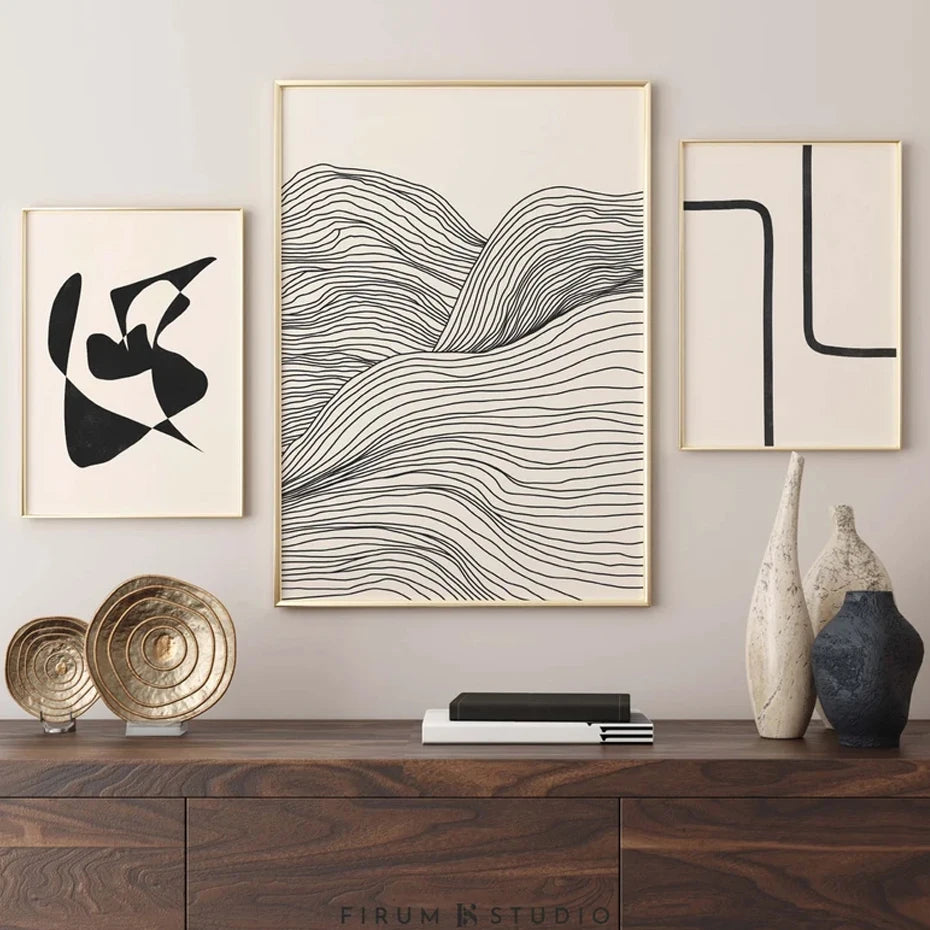 Minimalist Beige Black Shape Line Art Fine Art Canvas Prints Simple Pictures for Modern Apartment Living Room Bedroom Home Office Art Decor