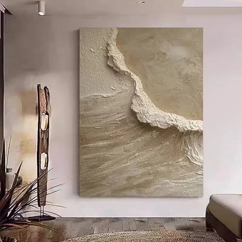 Large abstract wall art of a wave in a modern living room.