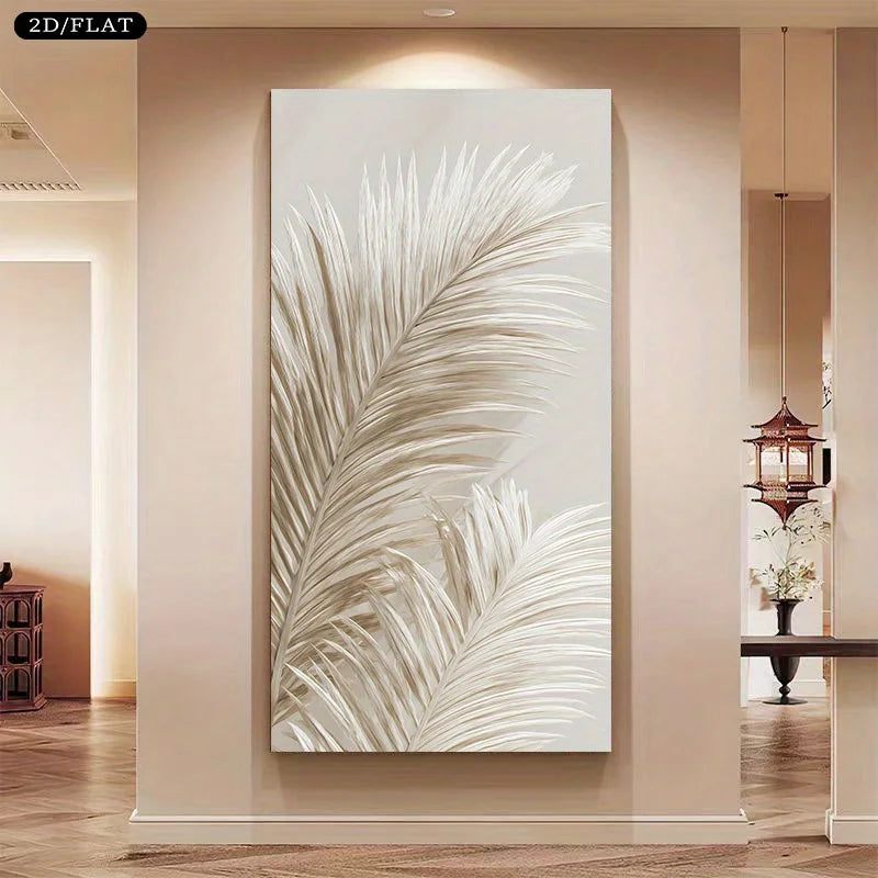 A large vertical canvas wall art piece featuring a stylized cream and white palm leaf design, displayed on a beige wall in a modern hallway interior.