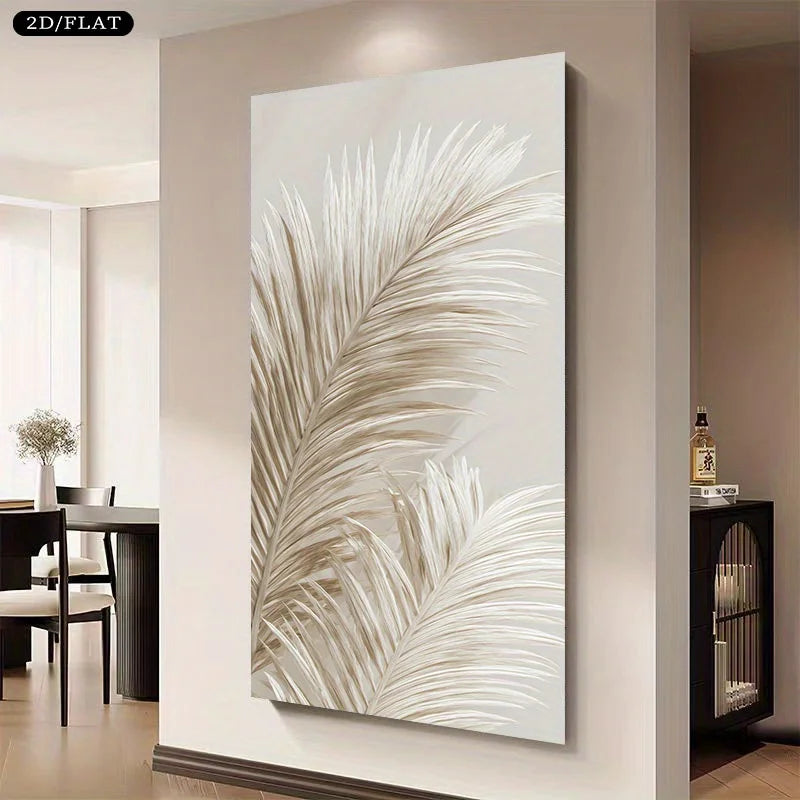Large vertical canvas wall art featuring a stylized beige and white palm leaf design, displayed on a beige wall in a modern interior setting.