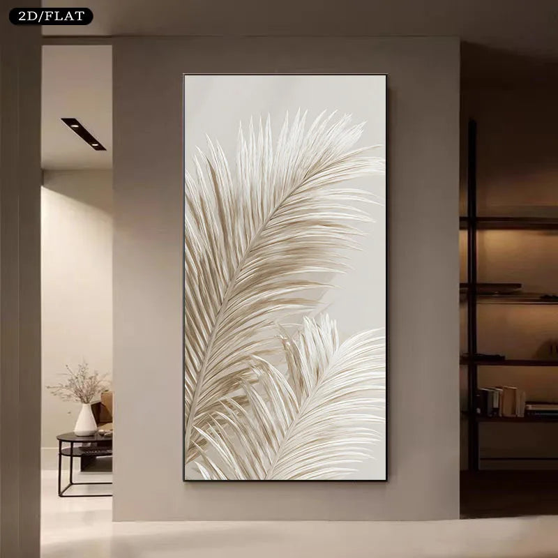 A tall framed wall art print featuring large beige and off-white palm leaves on a light neutral background, displayed in a modern interior hallway setting.