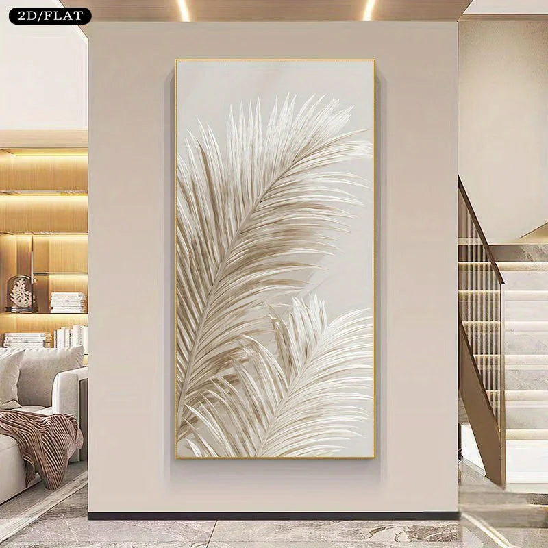 Large vertical wall art featuring a stylized beige and white feather or palm leaf design with a thin gold frame, displayed on a beige wall in a modern interior setting with a staircase and built-in shelving visible.