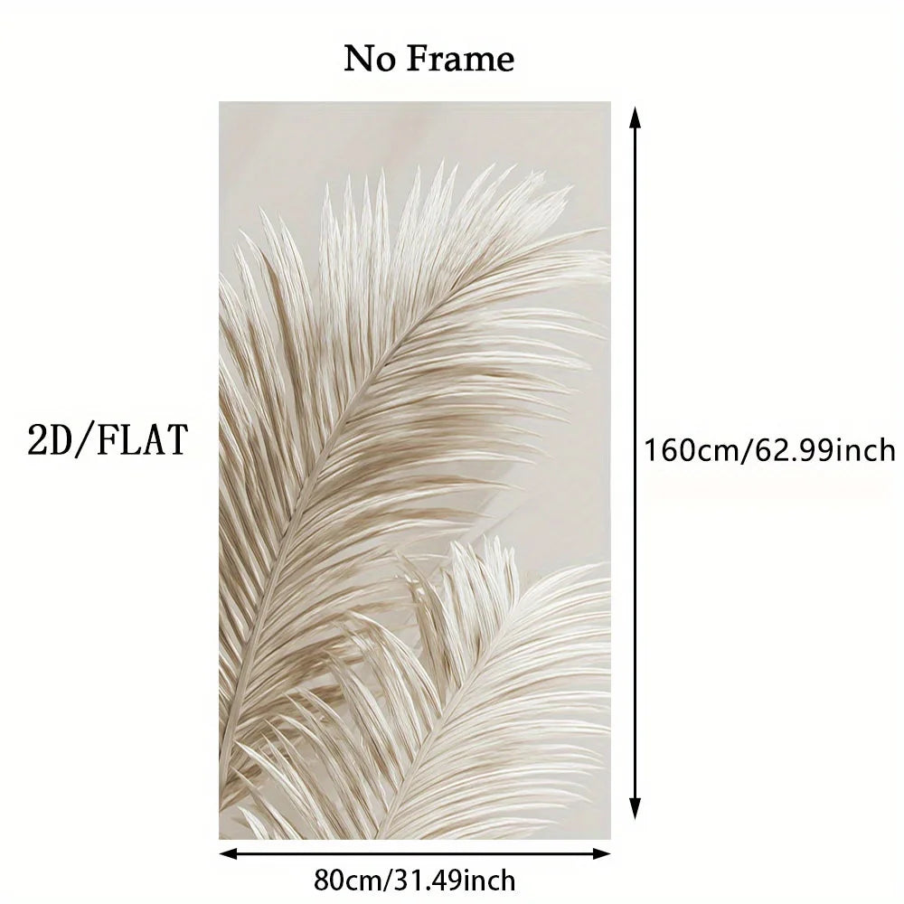 A wall decal or wallpaper sample showing a 2D flat design of beige and cream pampas leaves on a light beige background, with dimension labels indicating 80cm by 160cm and a note that it is unframed.