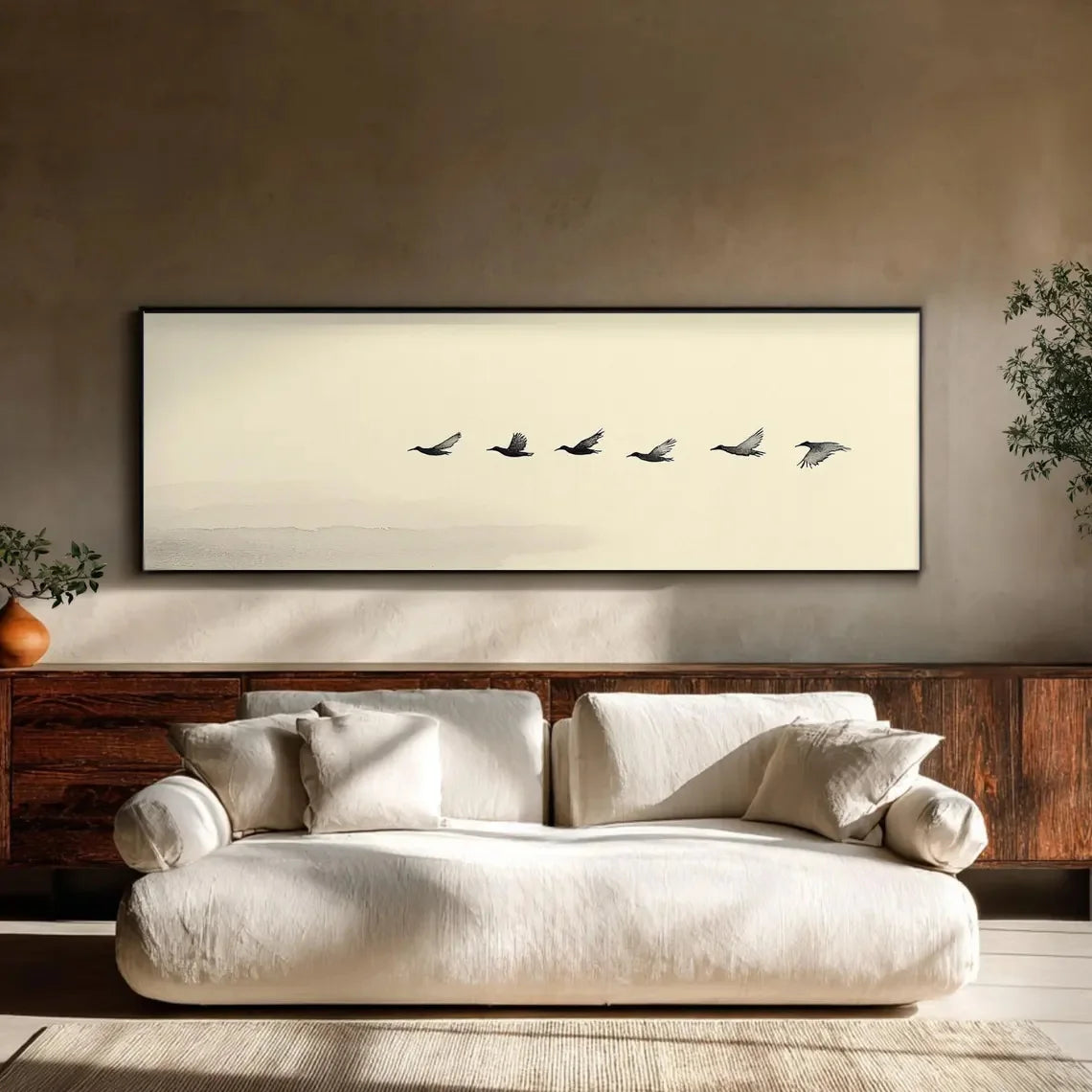 Minimalist Birds in Flight Wall Art Panoramic Wall Art Fine Art Canvas Print Modern Neutral Nature Artwork for Living Room Sofa Wall Decor