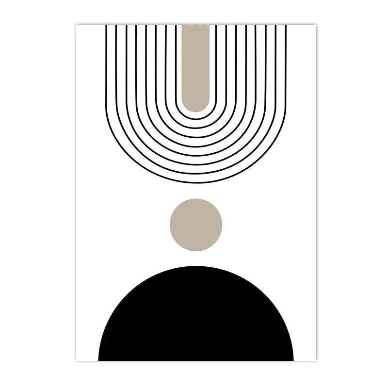 Geometric design with black, white, and beige shapes on a white background