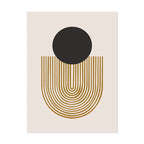Geometric design with a black circle and gold arches on a beige background