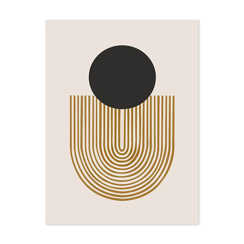Geometric design with a black circle and gold arches on a beige background