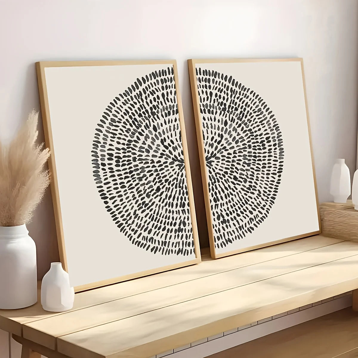 Minimalist Black White Radial Circle Abstract Wall Art Set of 2Pcs Modern Geometric Fine Art Canvas Prints for Scandinavian Living Room