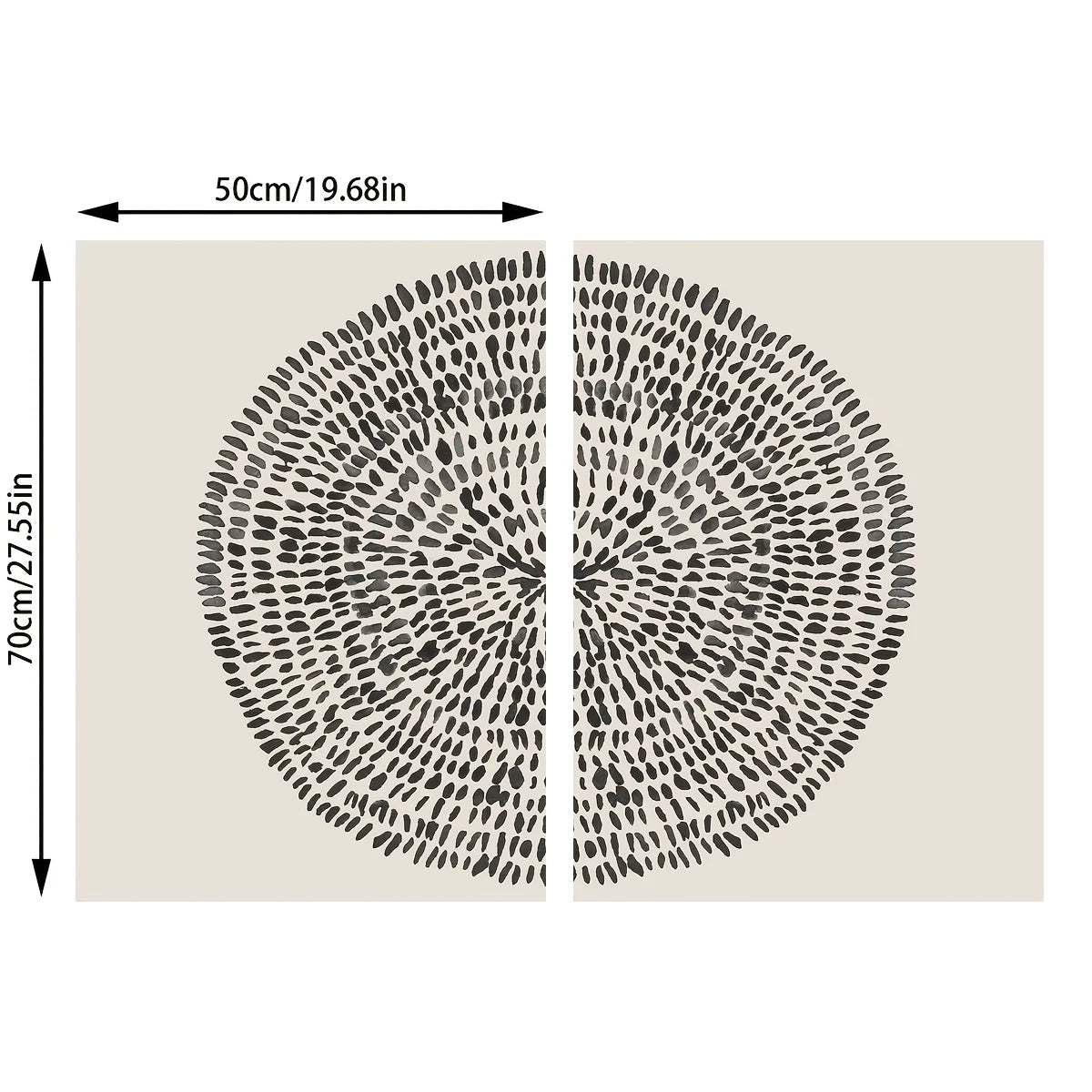Black circular pattern on a beige background with measurements indicated.