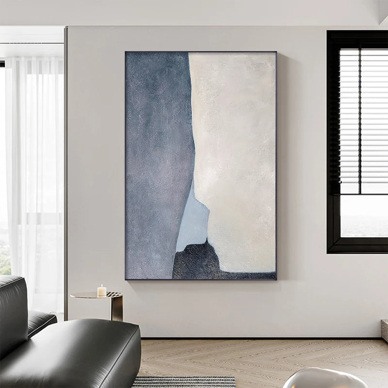 Minimalist Blue Beige Color Block Abstract Wall Art Fine Art Canvas Prints Pictures For Modern Apartment Living Room Home Office Art Decor