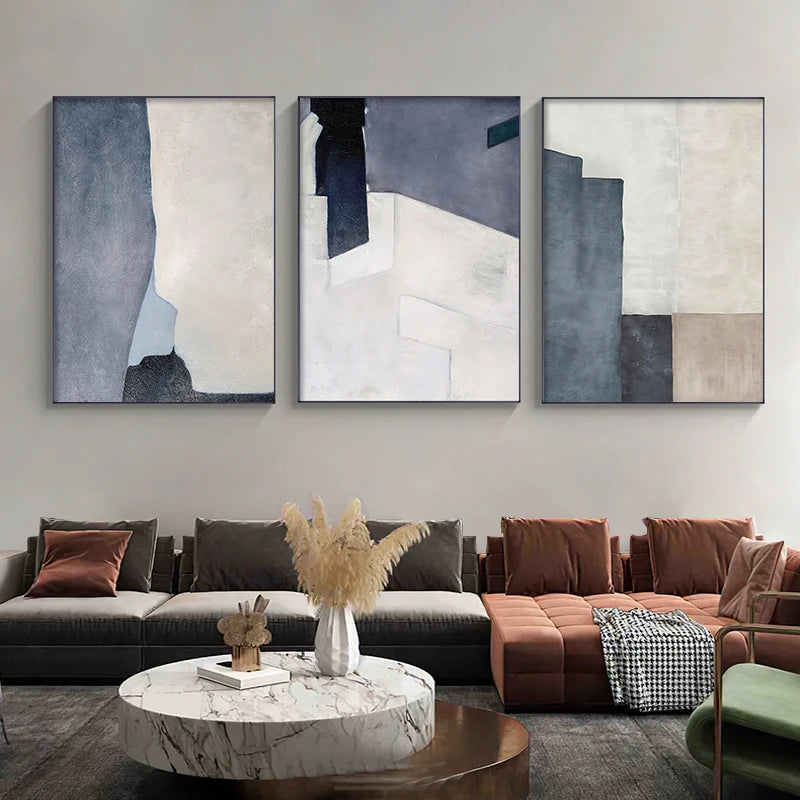 Minimalist Blue Beige Color Block Abstract Wall Art Fine Art Canvas Prints Pictures For Modern Apartment Living Room Home Office Art Decor