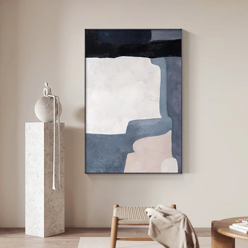 Minimalist Blue Beige Color Block Abstract Wall Art Fine Art Canvas Prints Pictures For Modern Apartment Living Room Home Office Art Decor