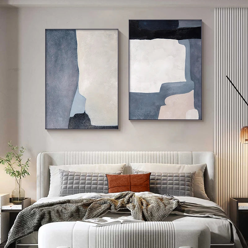 Minimalist Blue Beige Color Block Abstract Wall Art Fine Art Canvas Prints Pictures For Modern Apartment Living Room Home Office Art Decor