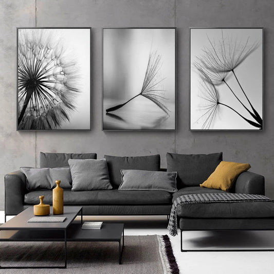 Minimalist Dandelion Wisps Wall Art Fine Art Canvas Prints Modern Black & White Posters For Living Room Bedroom Home Office Study