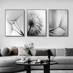 Three black and white framed artworks on a wall above a sofa.