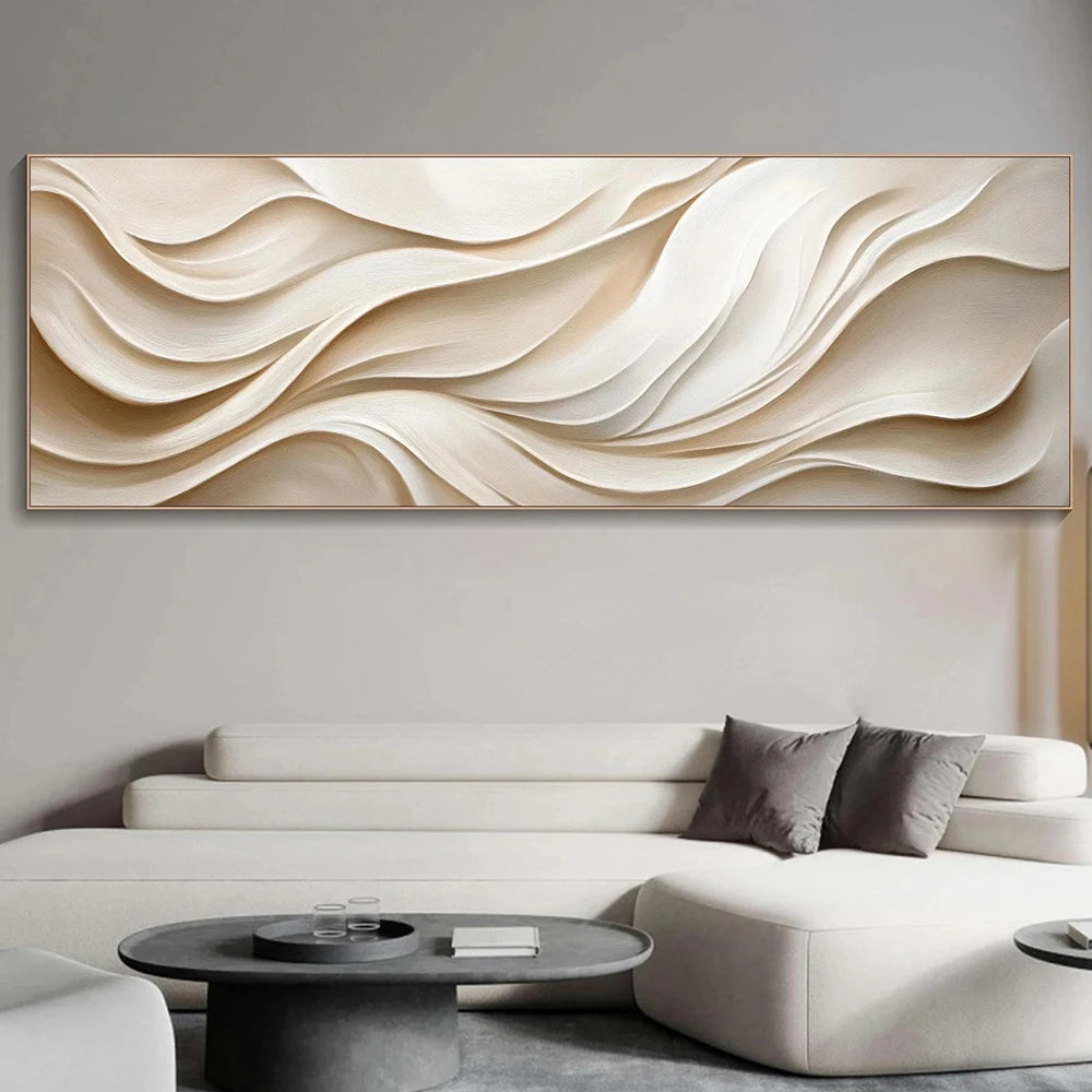 Abstract wall art in a living room setting with a modern sofa and coffee table.