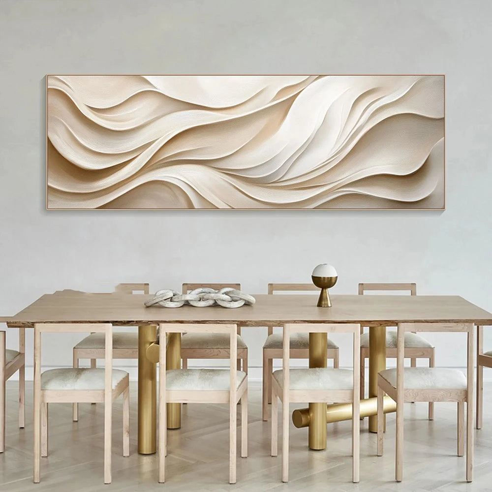 Dining room with wooden table and chairs, abstract wall art, and decorative items.