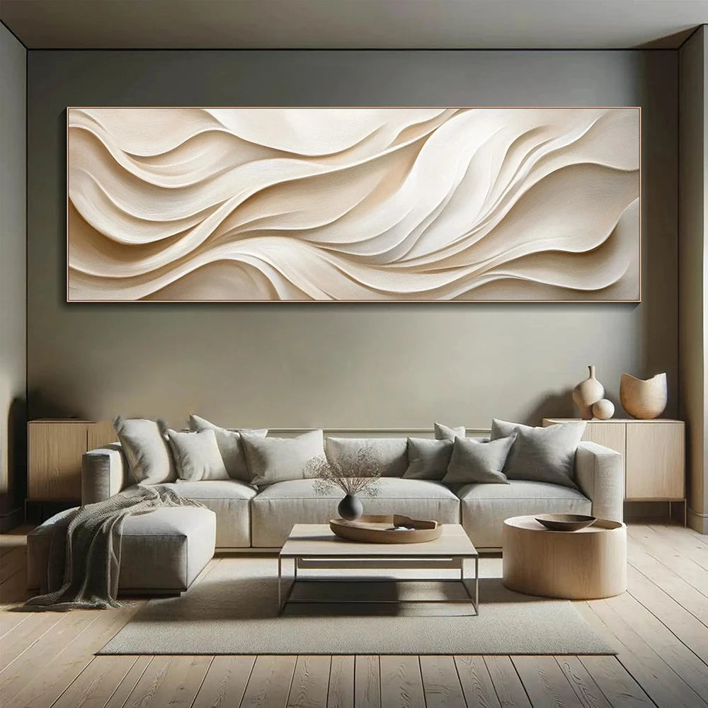 Modern living room with a large abstract wall art piece.
