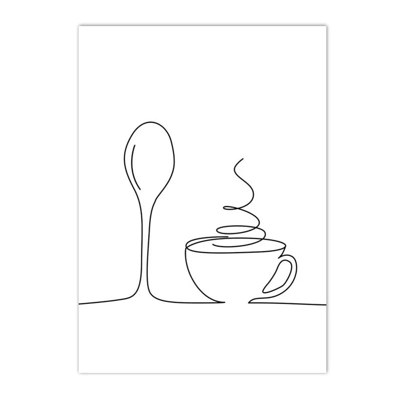 Minimalist Food & Drink Kitchen Wall Art Black White Line Art Canvas Print For Coffee Shop Restaurant Tea Room Cafe Nordic Style Home Interior Decor
