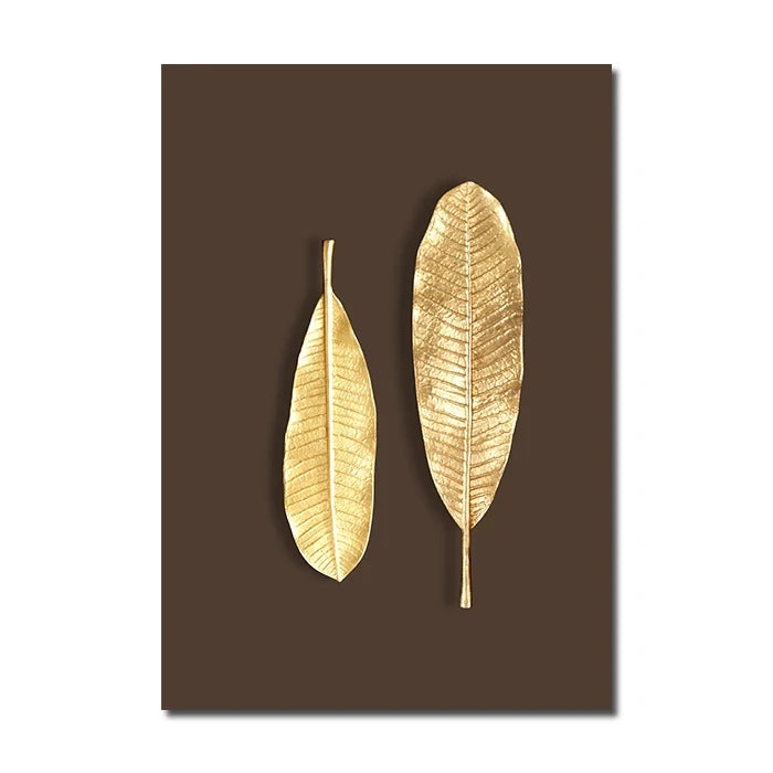 Two gold leaves on a brown background