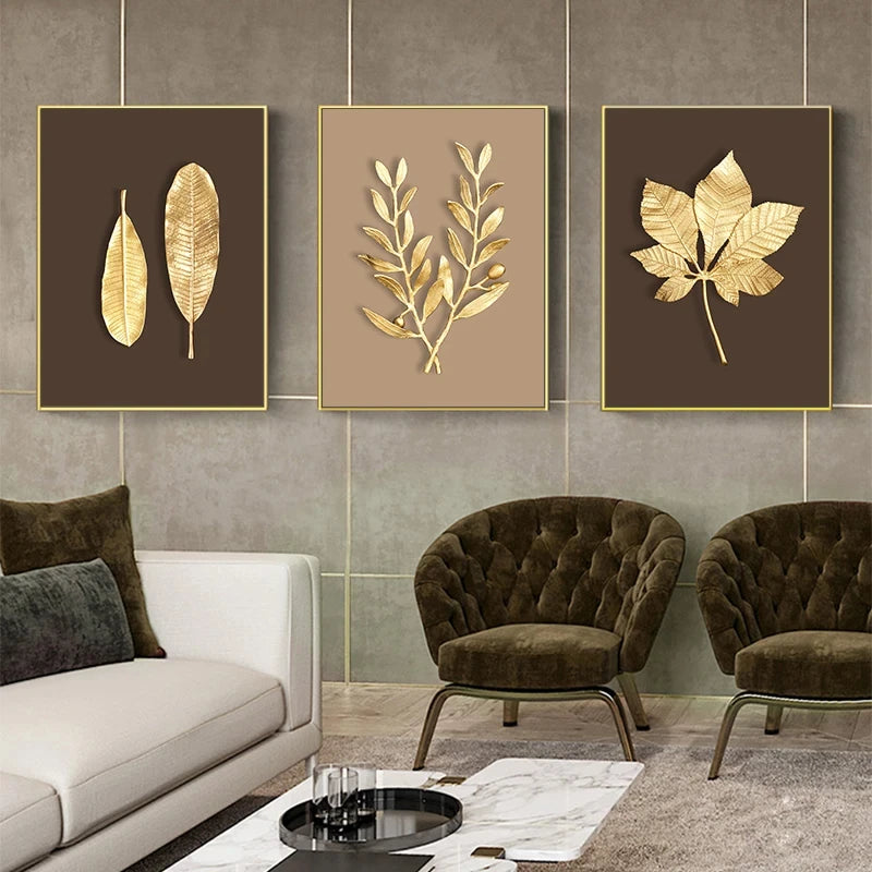 Minimalist Golden Leaf Botanical Abstract Wall Art Fine Art Canvas Prints For Bedroom Living Room Art For Light Luxury Home Decor