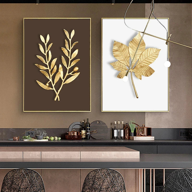 Decorative wall art with gold leaf designs on a kitchen wall.