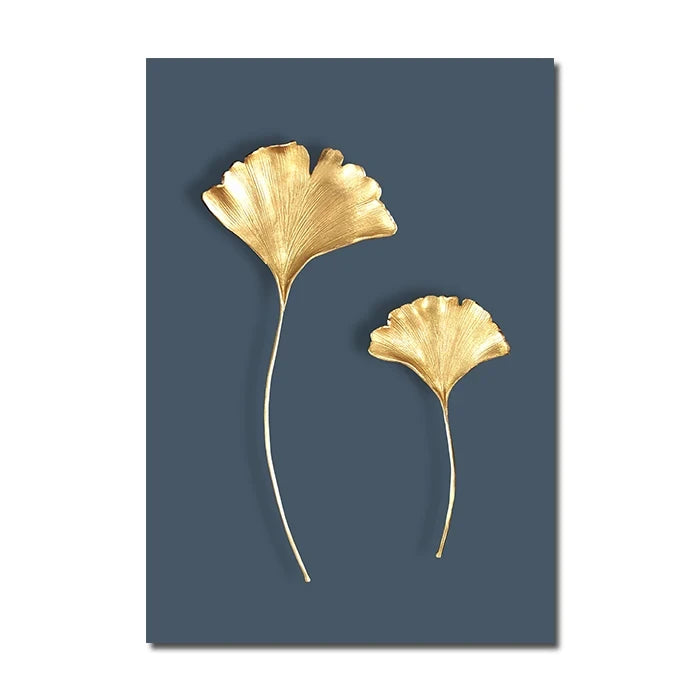 Two gold ginkgo leaves on a blue background