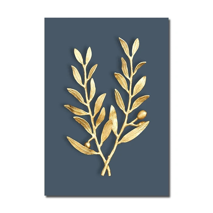 Decorative wall art with gold leaf design on a blue background