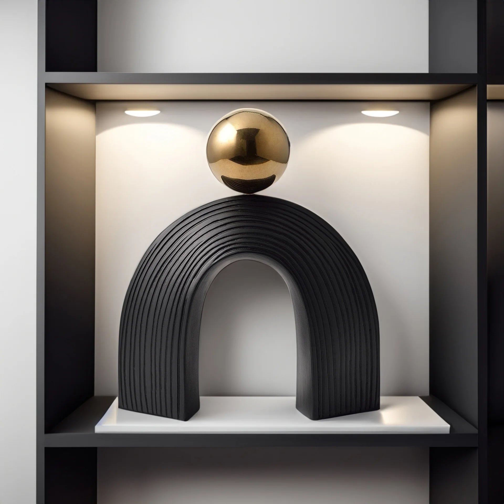Decorative sculpture with a gold sphere on top of a black arch-like structure in a modern setting.