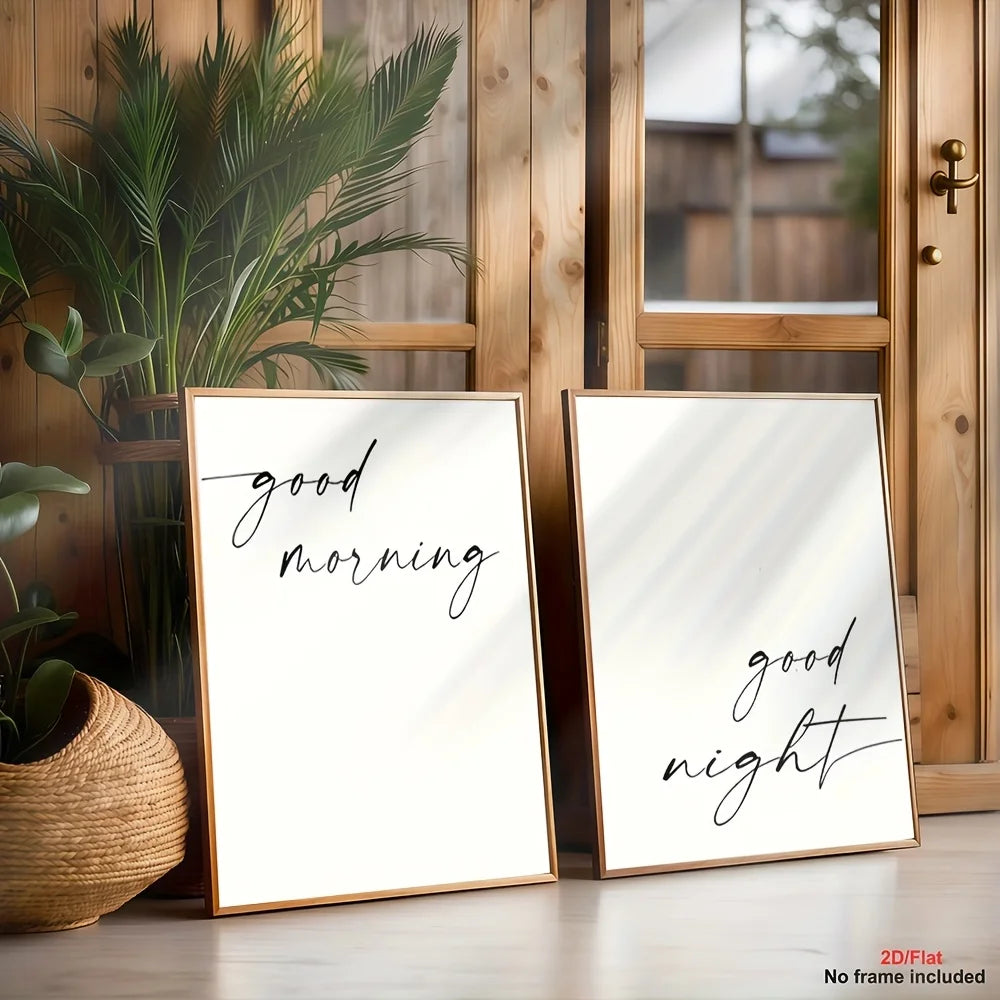 Minimalist ‘Good Morning’ & ‘Good Night’ Canvas Prints – Modern Black‑and‑White Typography Wall Art for Bedroom, Cozy Home Décor