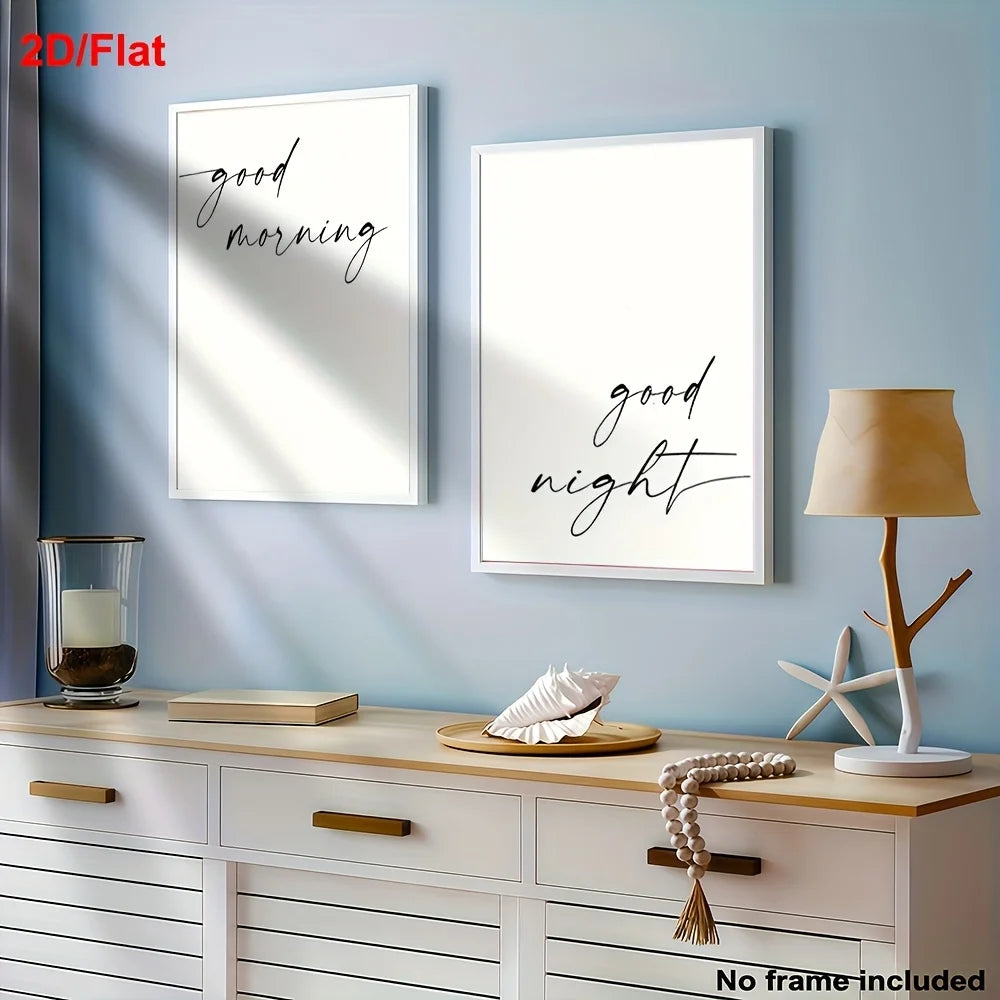 Minimalist ‘Good Morning’ & ‘Good Night’ Canvas Prints – Modern Black‑and‑White Typography Wall Art for Bedroom, Cozy Home Décor