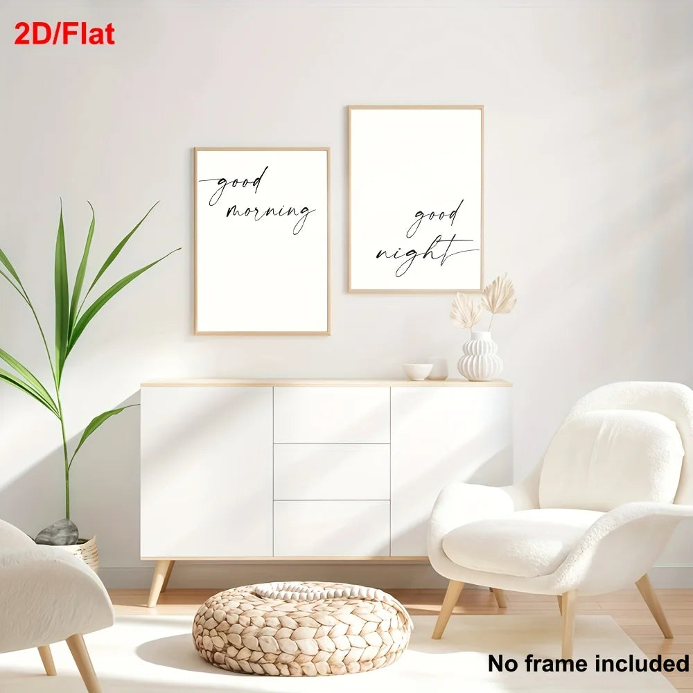 Minimalist ‘Good Morning’ & ‘Good Night’ Canvas Prints – Modern Black‑and‑White Typography Wall Art for Bedroom, Cozy Home Décor