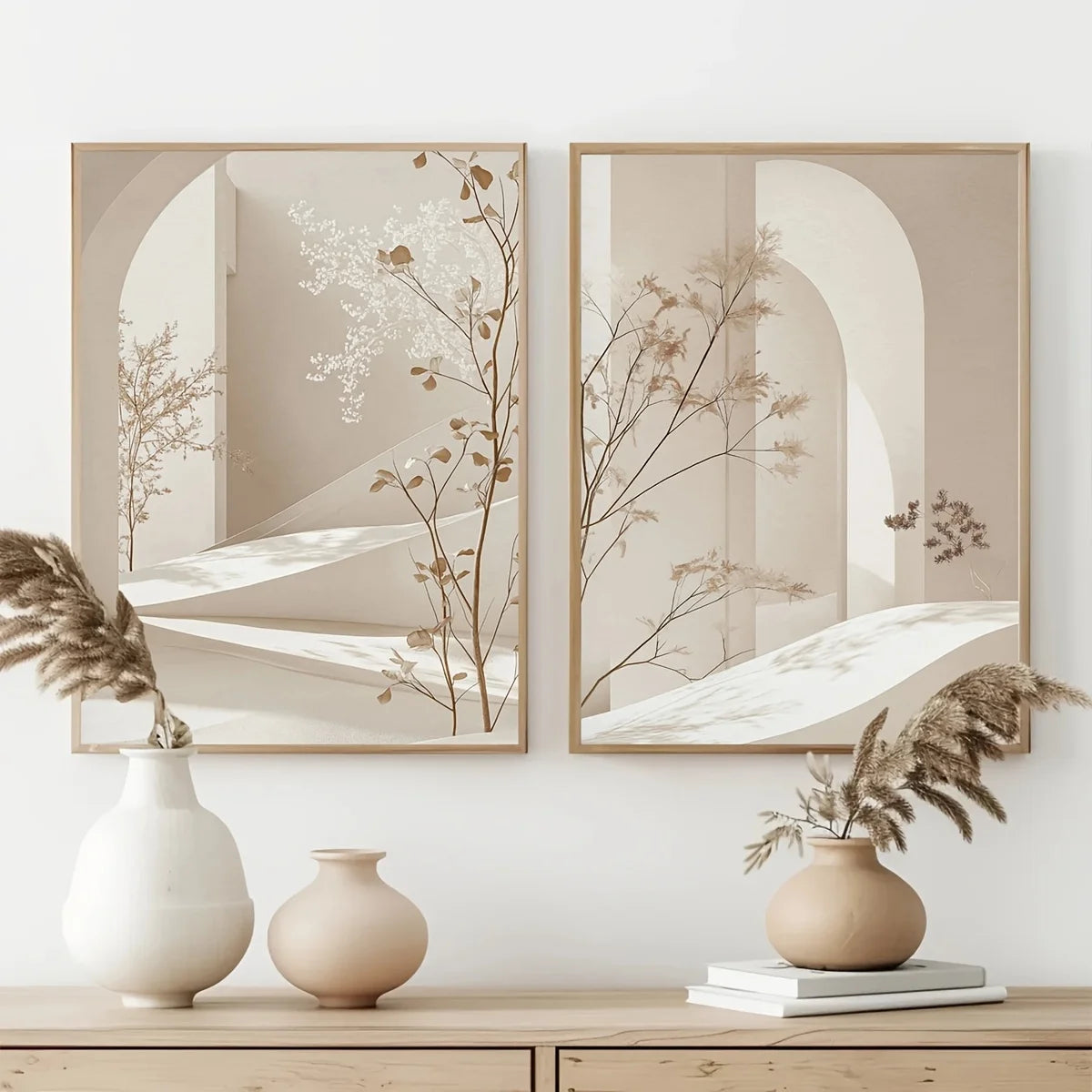 Two framed botanical artworks on a wall with decorative vases below.