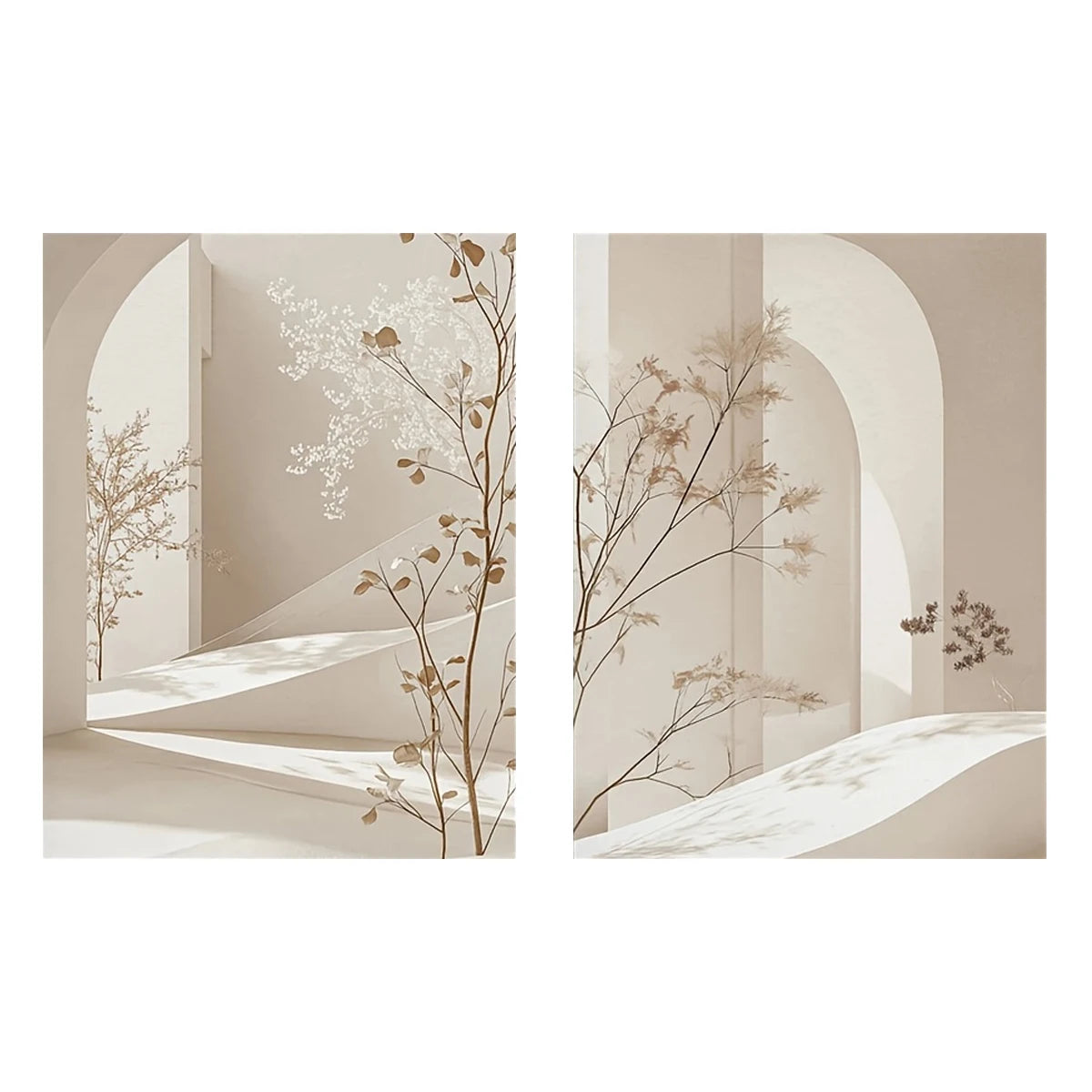 Two abstract art pieces with beige and brown tones, featuring arches and branches.