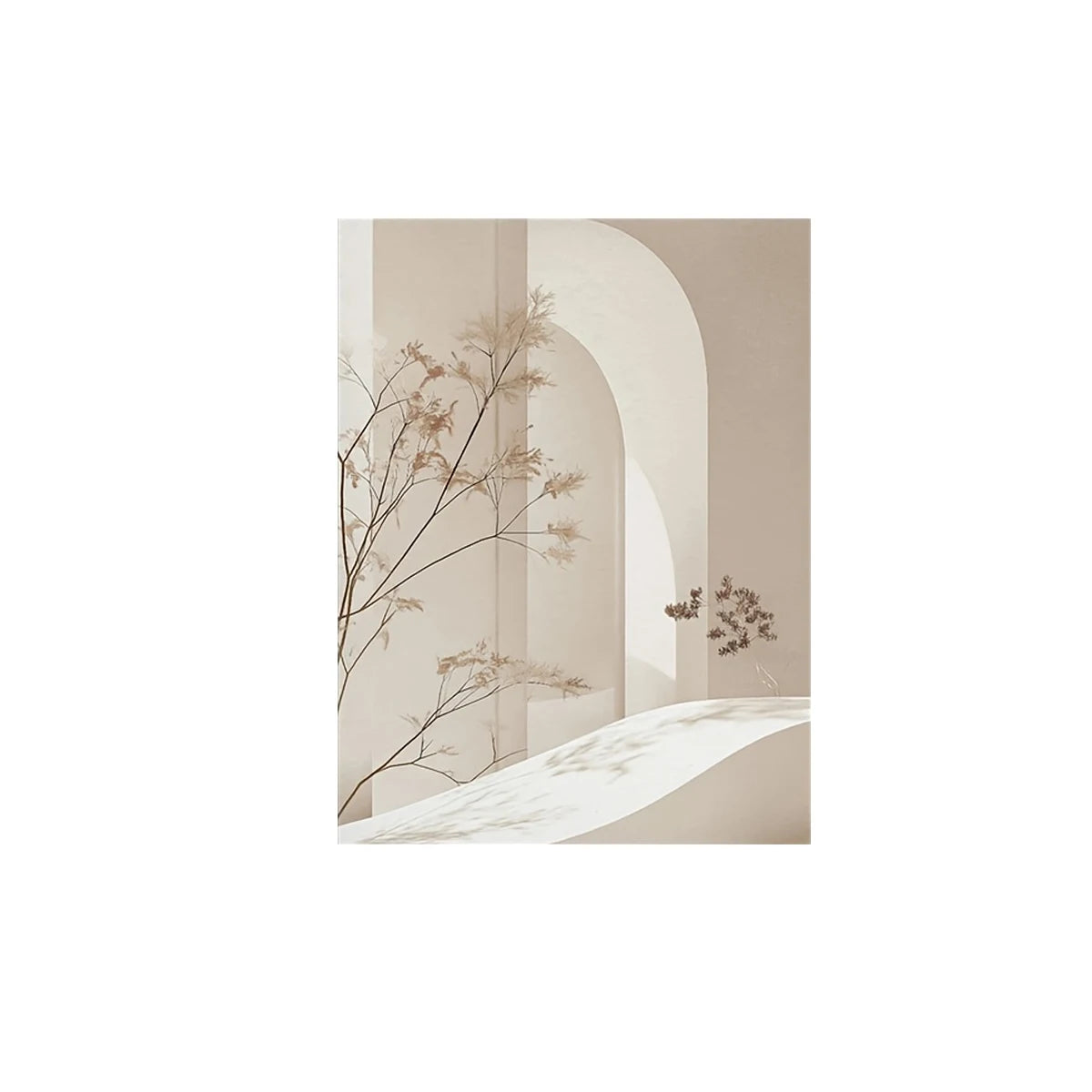 Art print with abstract design featuring arches and branches on a beige background
