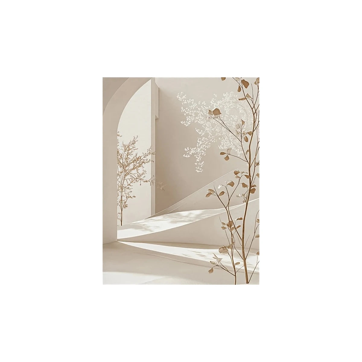 Minimalist interior with archway and decorative branches on a white background